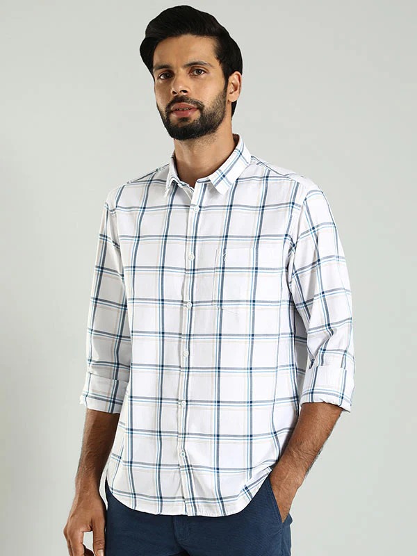 Indian Terrain Men's Regular Fit Full Sleeve Checkered White Shirt